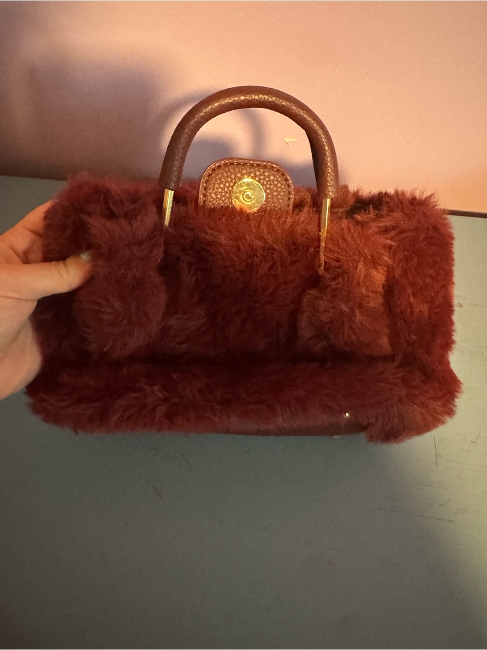 Isaac Mizrahi Plush Faux Fur Mini Tote in Deep Brown with Gold Accents